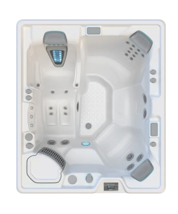 Moderner weißer Whirlpool mit mehreren Sitzpositionen und Massagedüsen