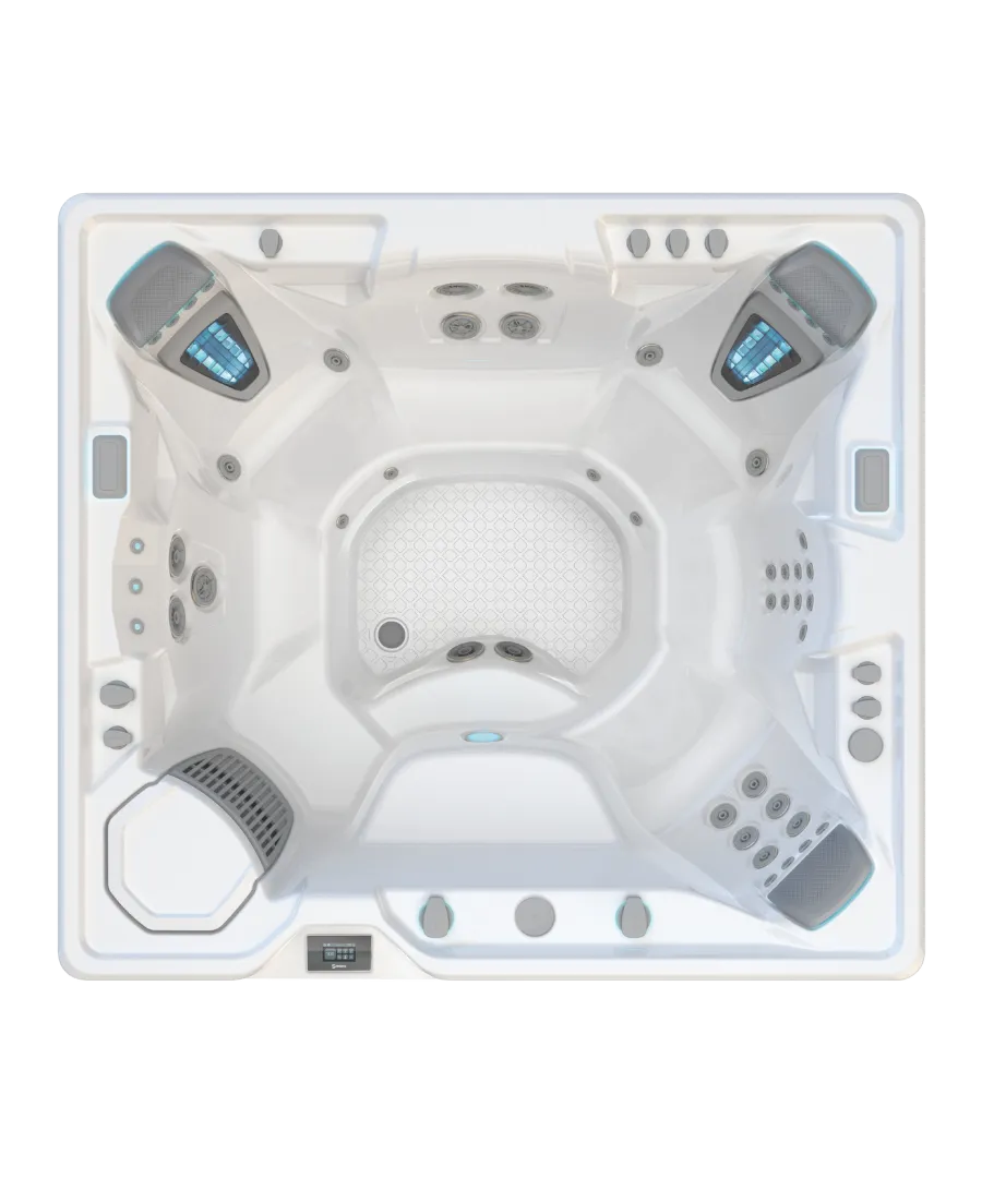 Moderner weißer Whirlpool von oben mit integrierten Düsen und Bedienfeldern