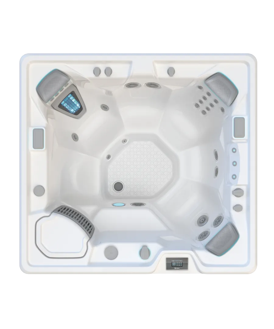 Weißer Whirlpool von oben mit blauen Akzenten und verschiedenen Sitzpositionen