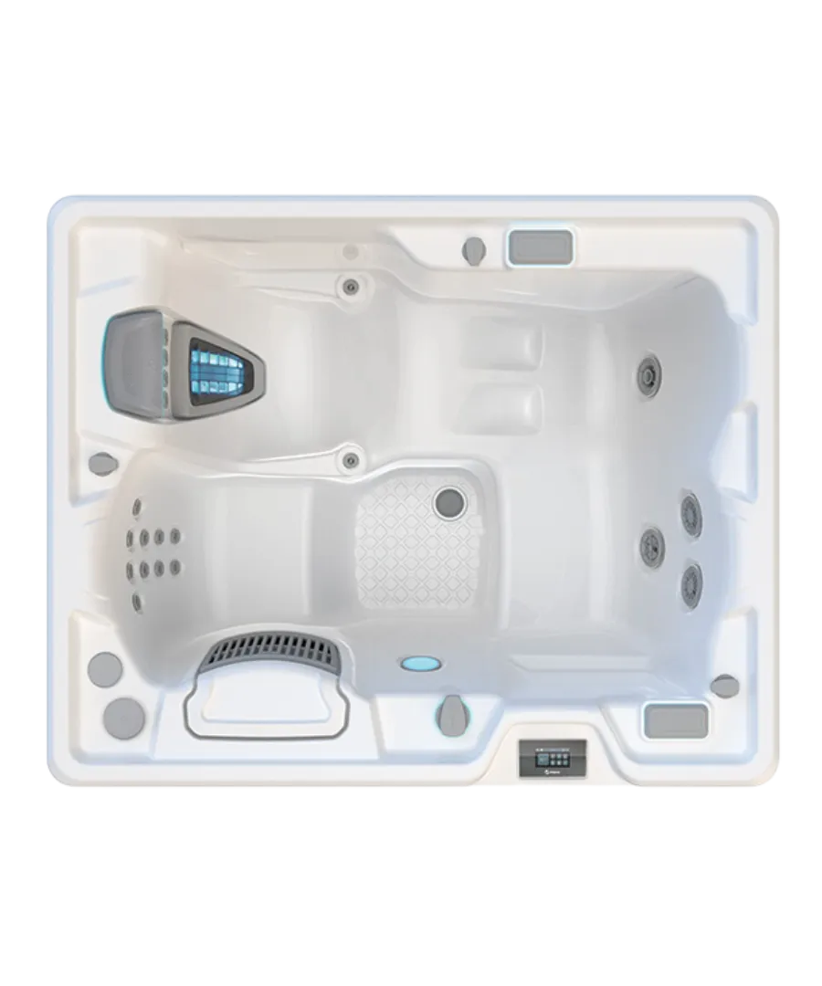 Weißer Whirlpool mit grauen Akzenten und integrierten Düsen und Bedienfeldern