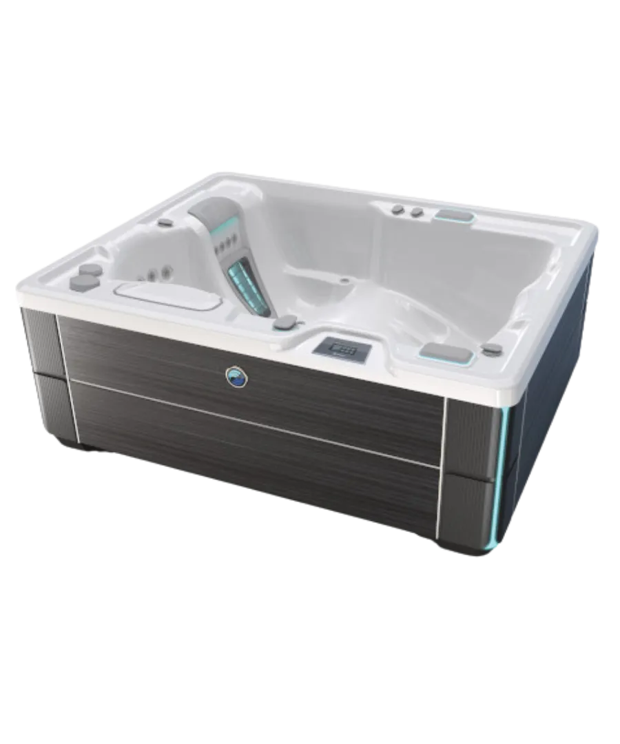 Moderner Whirlpool mit weißer Oberfläche und grau-blauer Seitenverkleidung