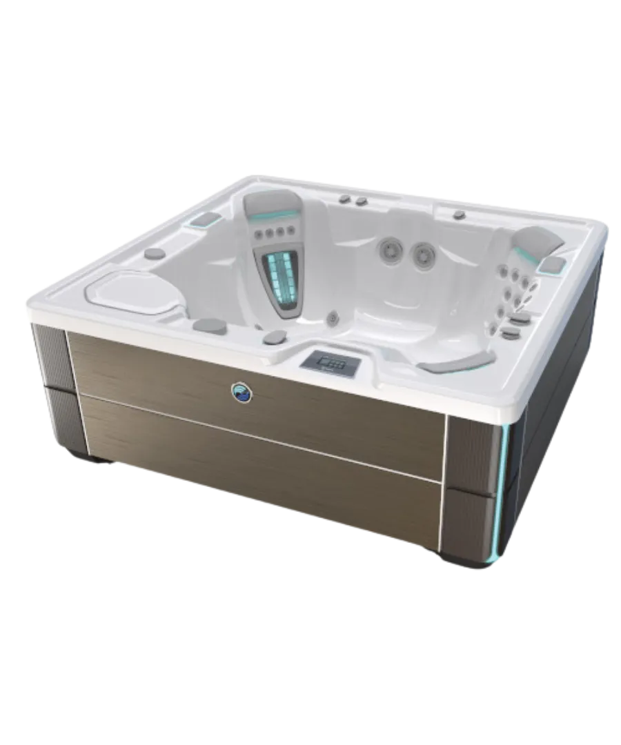 Moderner Whirlpool mit weißer Wanne und braunem Rahmen in Nahaufnahme