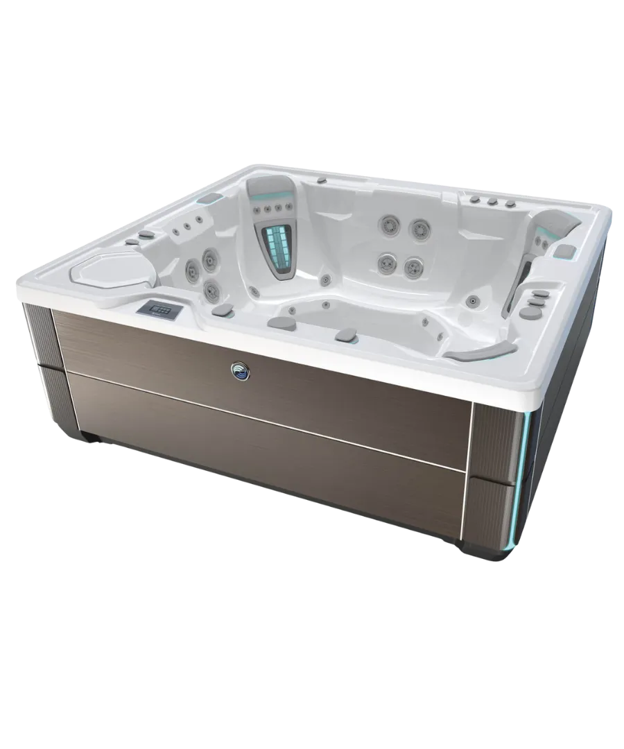 Weißer und grauer Whirlpool mit digitaler Steuerung und mehreren Düsen