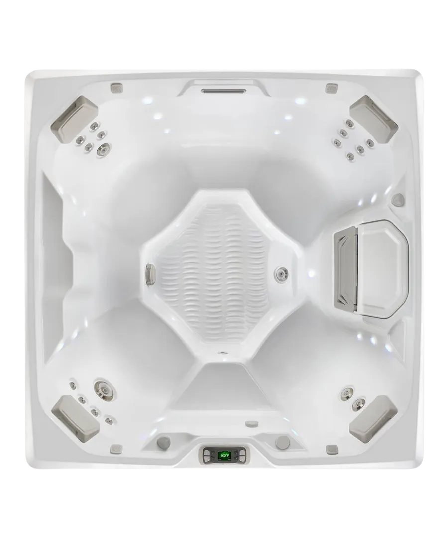 Weißer Whirlpool von oben mit Sitzplätzen und Temperaturanzeige