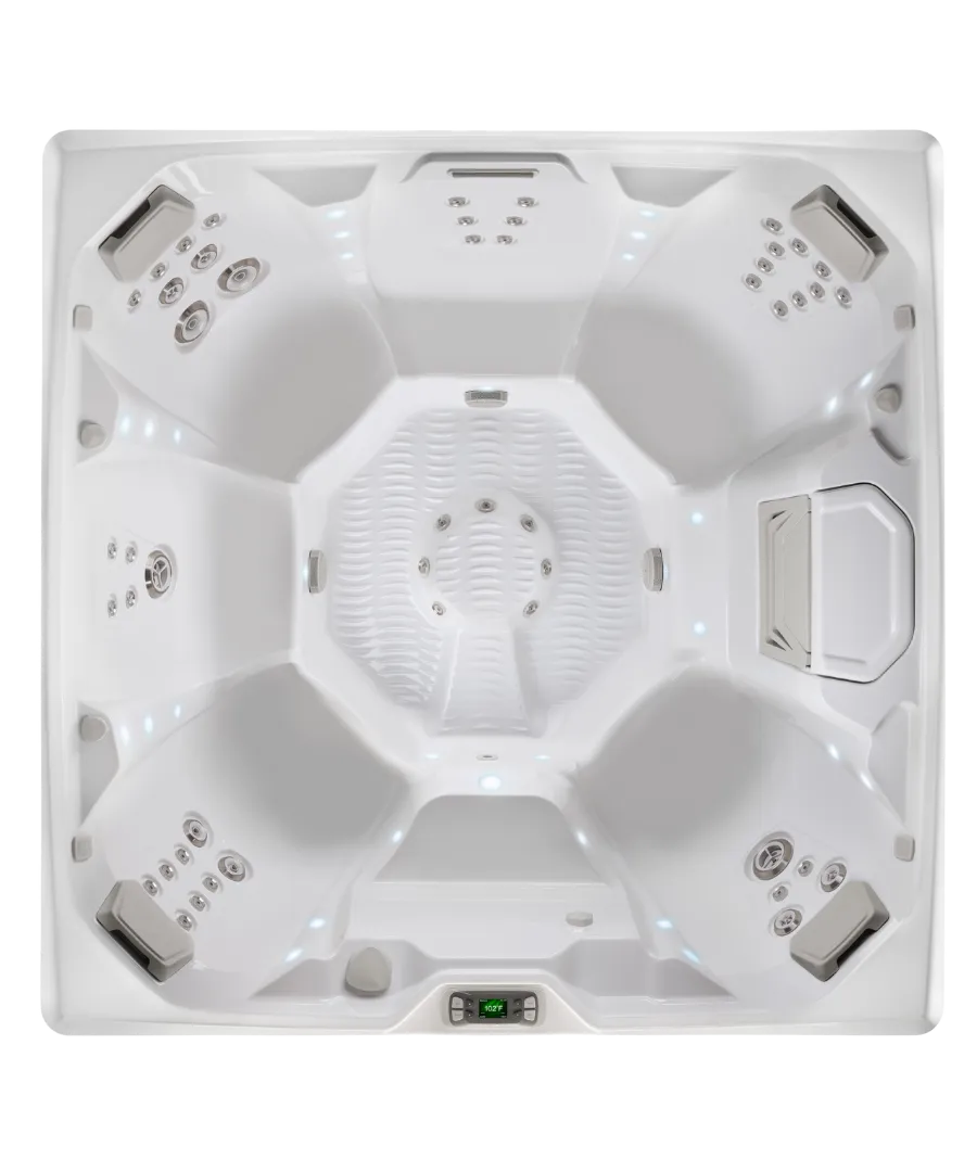 Weißer Whirlpool mit Sitzplätzen, Düsen und Temperaturanzeige
