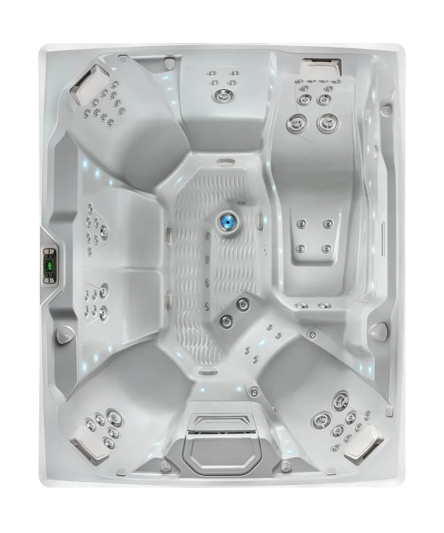 Weißer Whirlpool mit blauen Leuchten und vielen Massagedüsen von oben