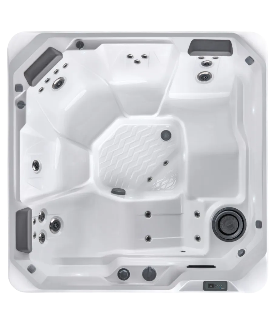 Weißer Whirlpool mit mehreren Düsen und Sitzplätzen von oben