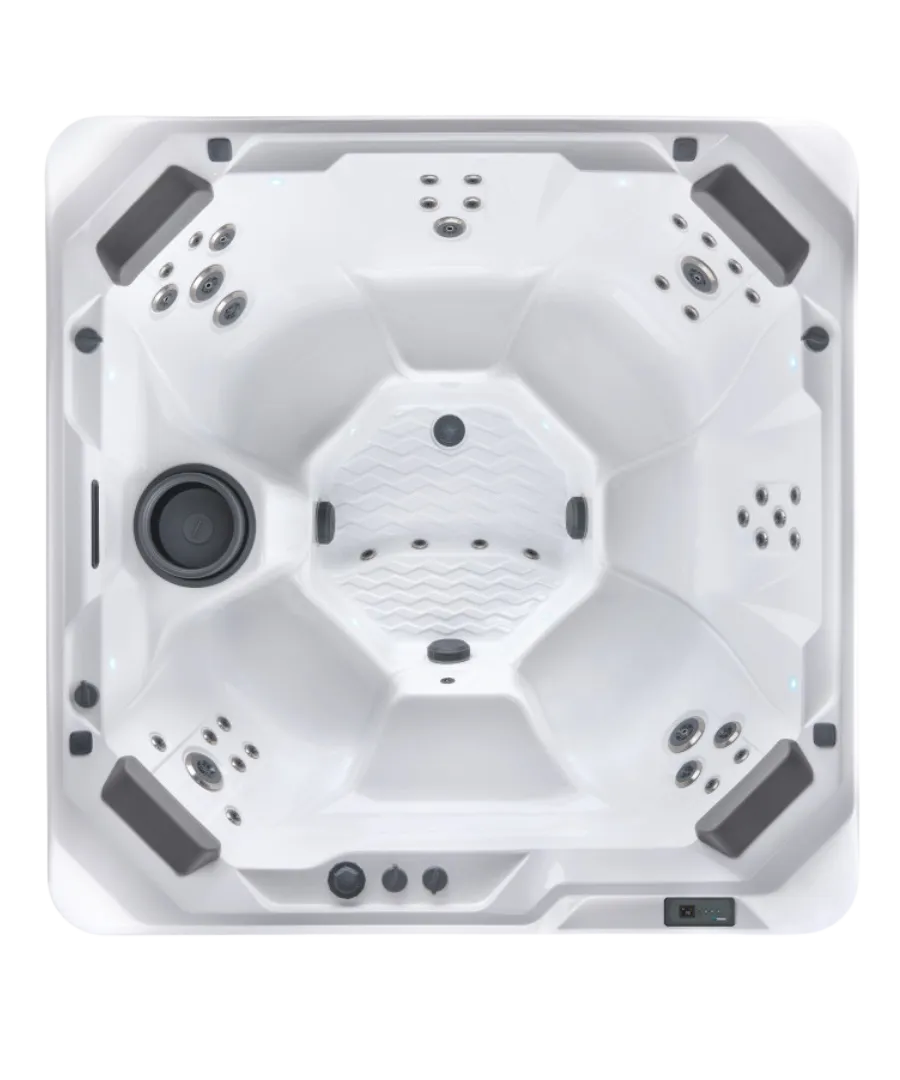 Weißer Whirlpool mit mehreren Massagedüsen und rechteckigem Design