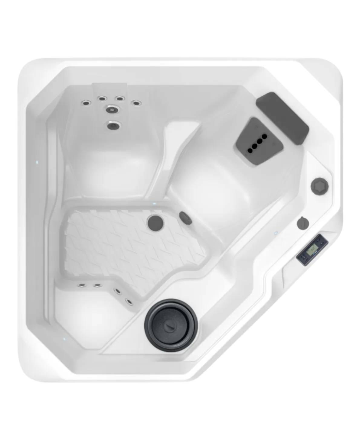 Moderner weißer Whirlpool mit mehreren Sitzplätzen und Düsen