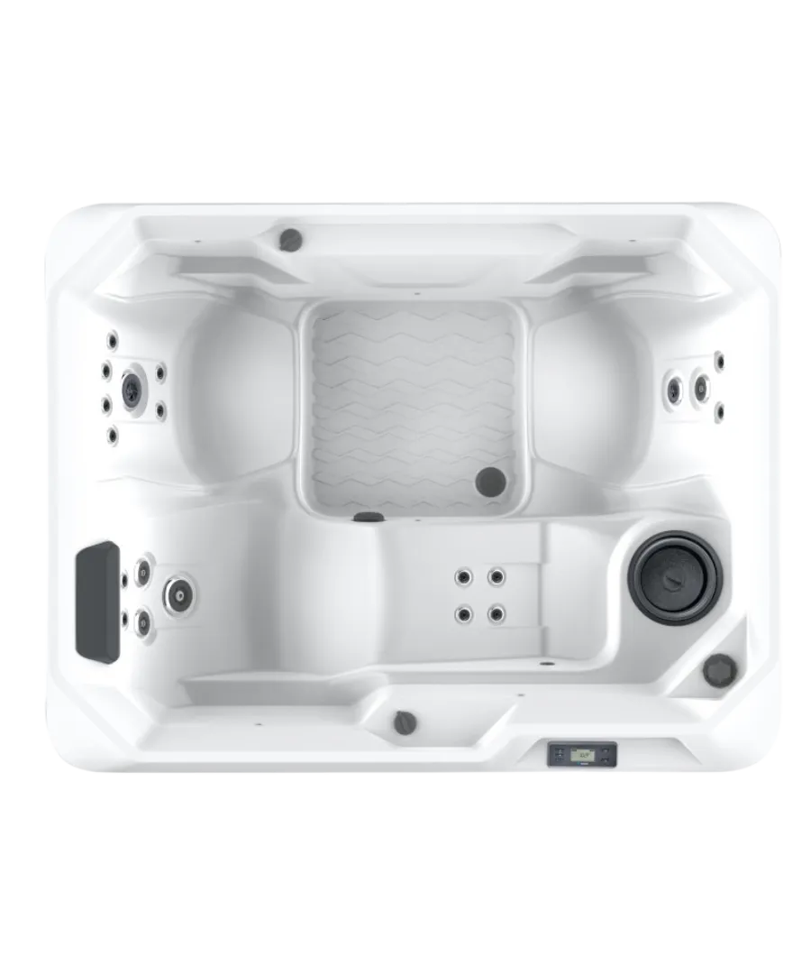 Weißer Whirlpool von oben mit verschiedenen Düsen und Sitzgelegenheiten