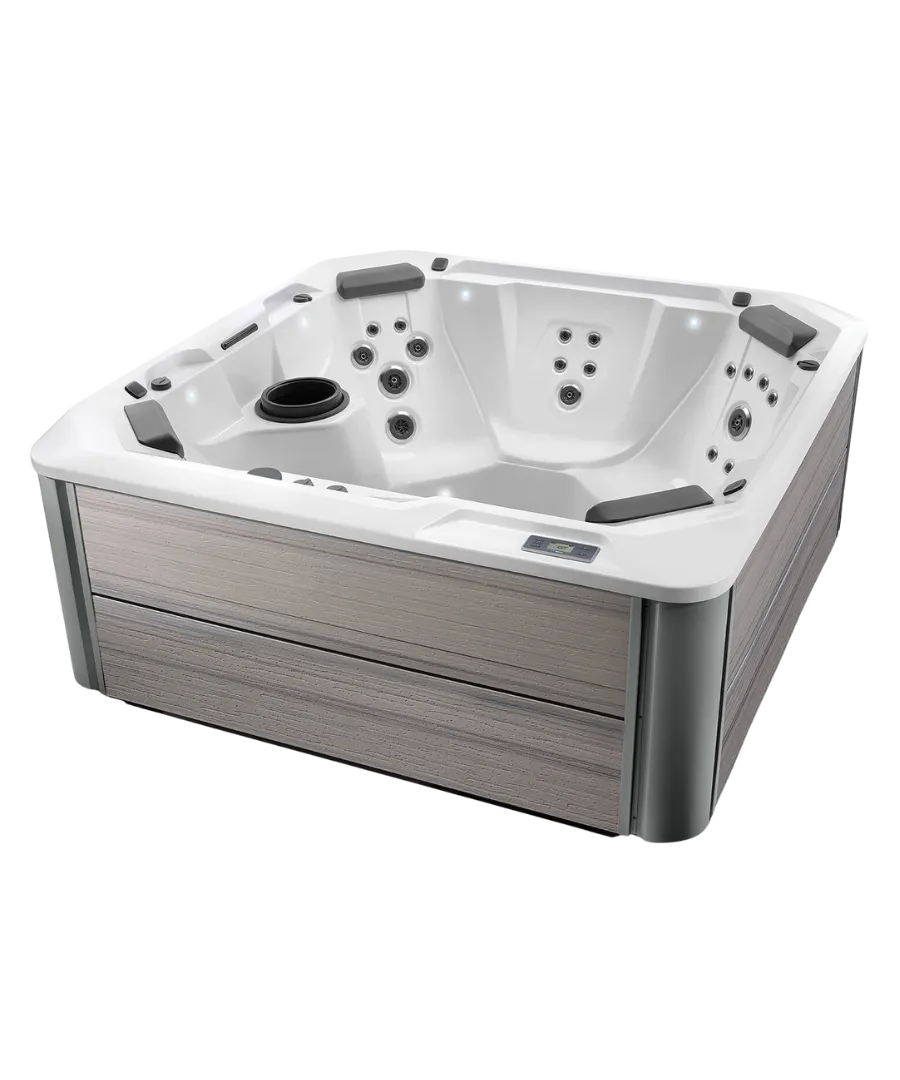 Weißer Whirlpool mit grauen Seiten und verschiedenen Wasserdüsen