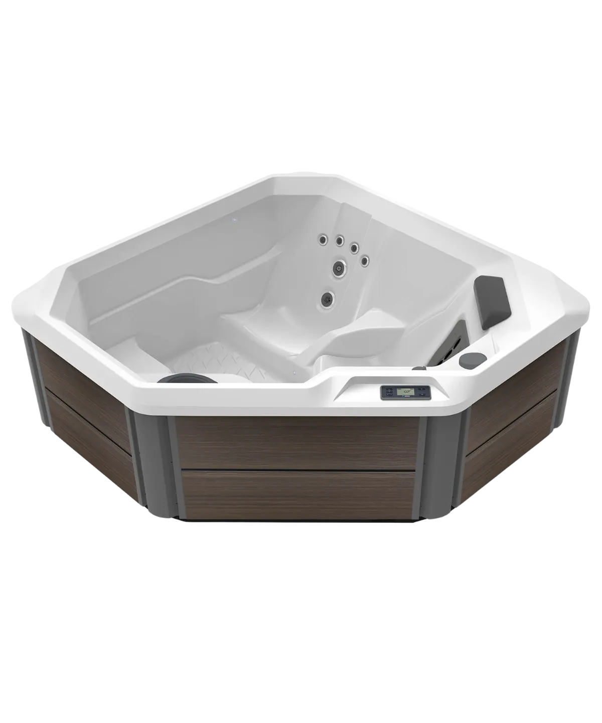 Weißer Whirlpool mit braunem Holzrahmen und digitaler Steuerung