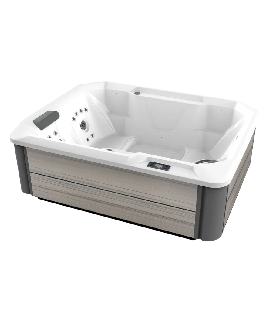 Weißer Whirlpool mit grauen Seitenverkleidungen auf neutralem Hintergrund