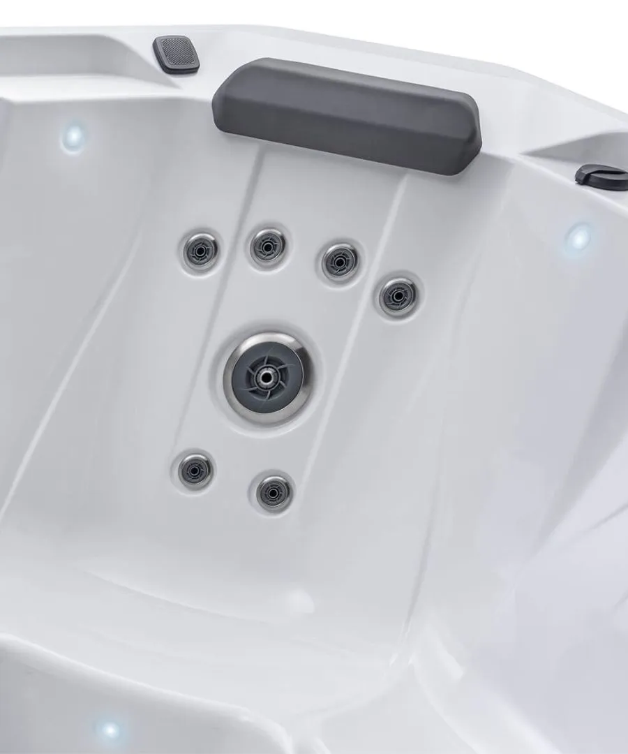 Whirlpool-Düsen in weißer Badewanne mit grauen Akzenten