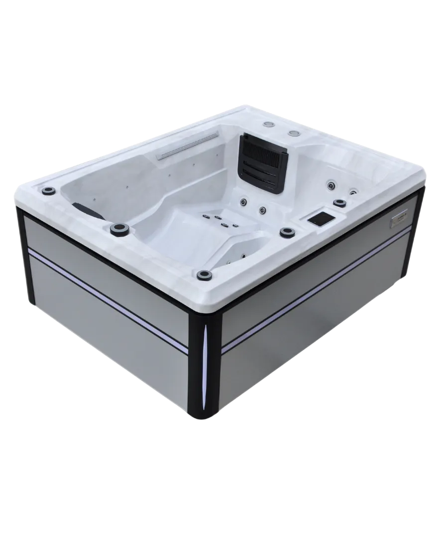 Weißer und grauer Whirlpool mit mehreren Düsen und Sitzplätzen