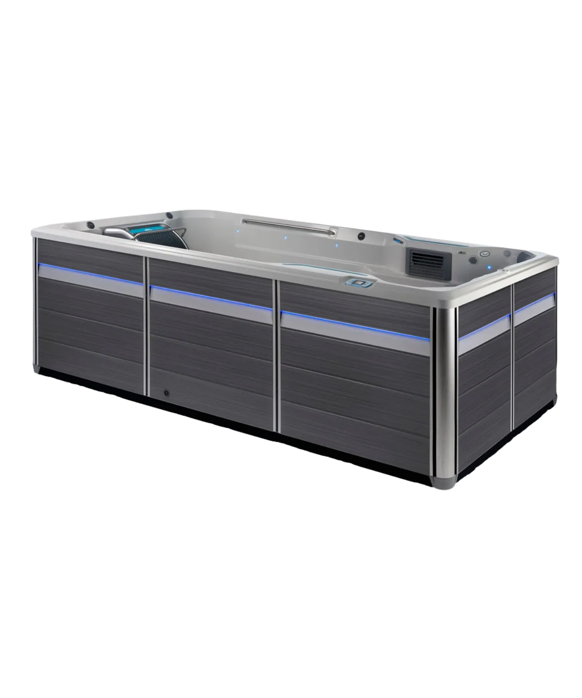 Moderner Whirlpool mit grau-blauen Akzenten und digitaler Steuerung