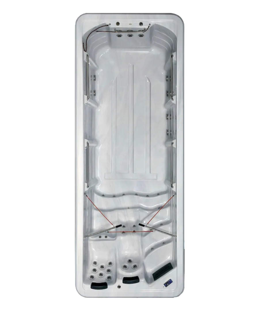 Großer weißer Whirlpool mit Sitzgelegenheiten und Massagedüsen von oben