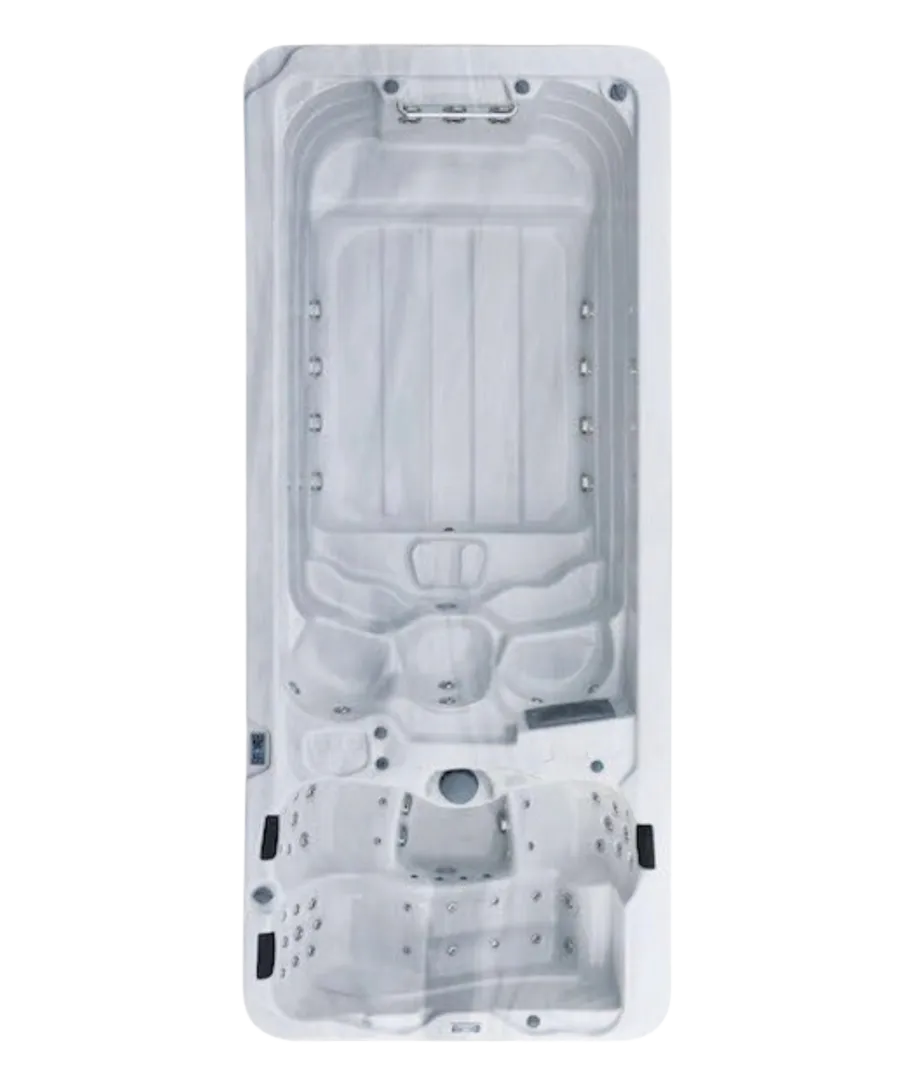 Weißer Whirlpool mit verschiedenen Sitzpositionen und Düsen