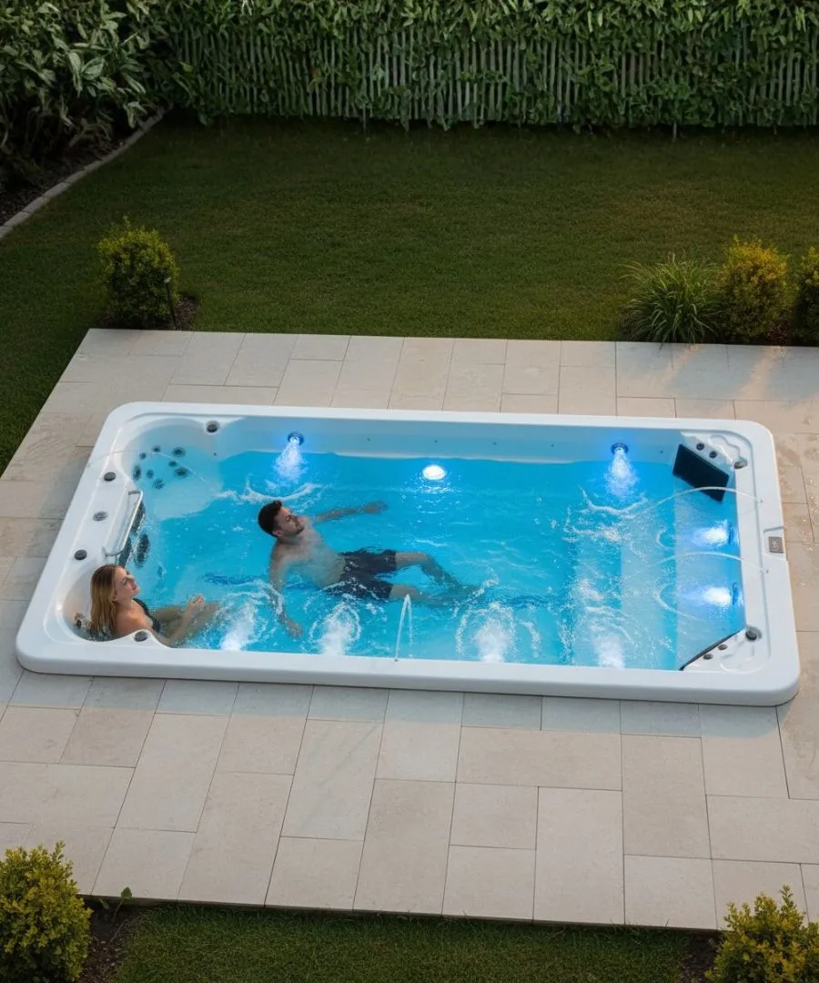 Zwei Personen entspannen in einem blau beleuchteten Whirlpool im Garten