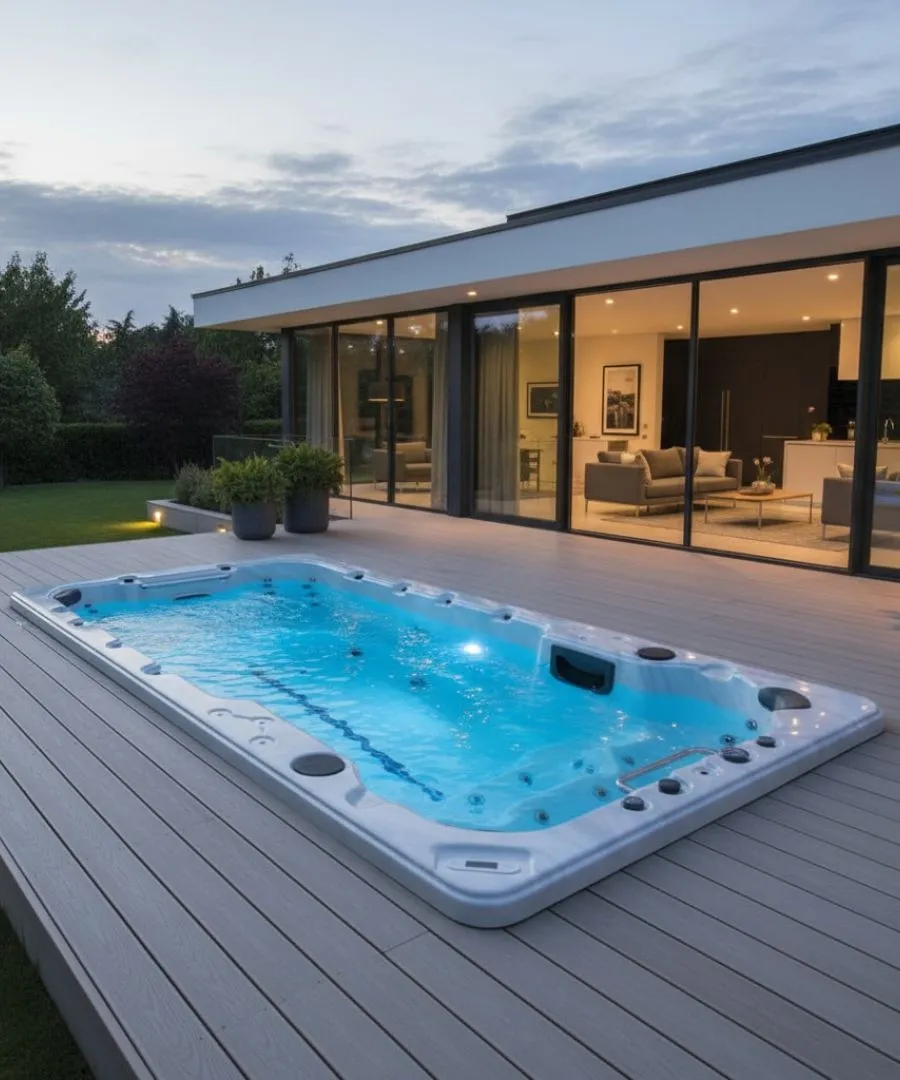 Beleuchteter Whirlpool auf Holzdeck neben modernem Glashaus bei Abenddämmerung