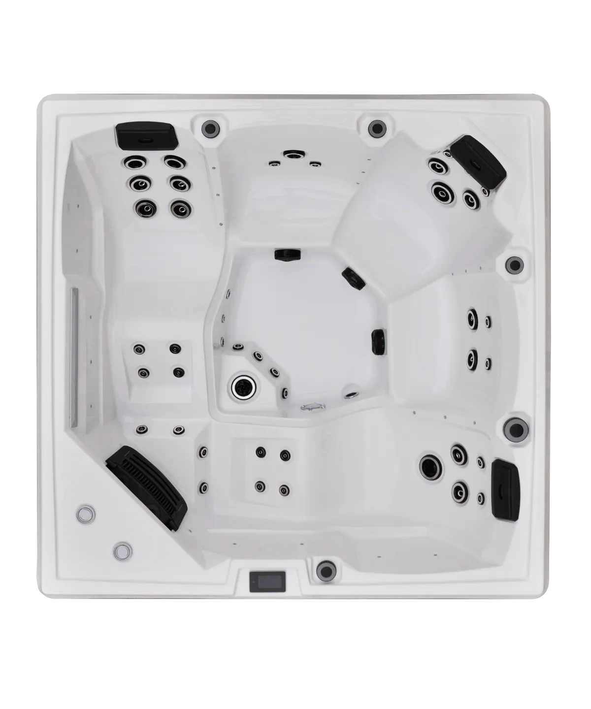 Weißer Whirlpool mit vielen Düsen und schwarzen Steuerungselementen