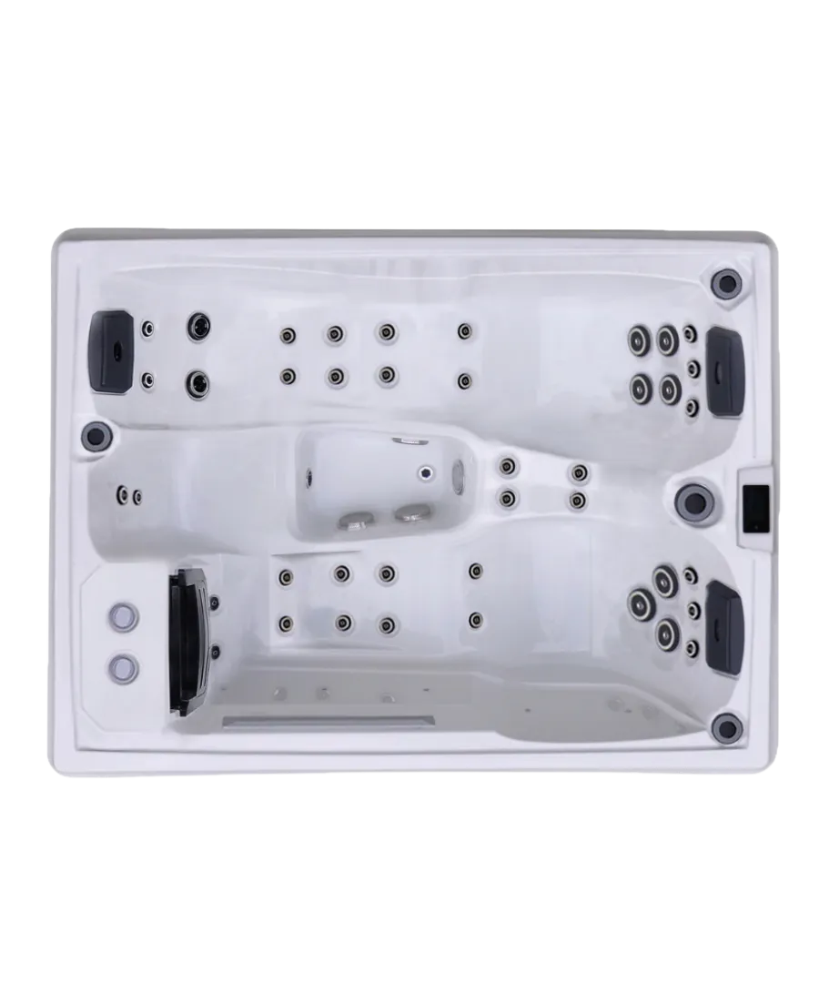 Weißer Whirlpool mit mehreren Düsen und Sitzplätzen von oben