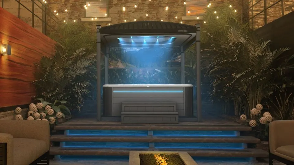 Das Bild zeigt einen stilvoll gestalteten Außenbereich mit einem eleganten Whirlpool unter einem beleuchteten Pavillon, umgeben von üppiger Vegetation und sanftem Lichterglanz. Die einladende Atmosphäre vermittelt Ruhe und Entspannung, perfekt für ein luxuriöses Spa-Erlebnis zuhause.