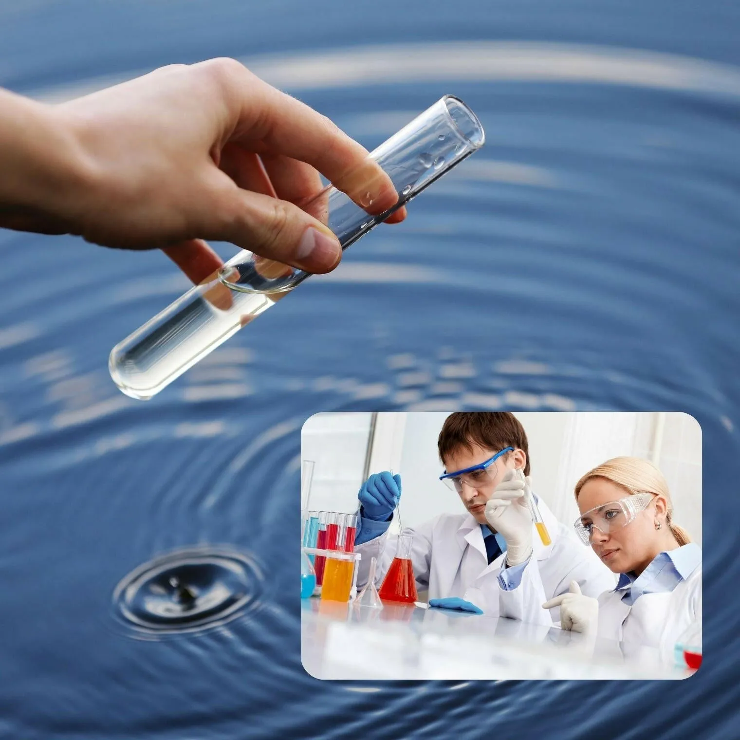 Das Bild zeigt eine Hand, die ein Reagenzglas mit Wasser über einer ruhigen Wasseroberfläche hält, während im Hintergrund Wissenschaftler in einem Labor mit bunten Flüssigkeiten arbeiten. Die Stimmung vermittelt Präzision und Sorgfalt, die für die Wasserqualität in Whirlpools und Spas entscheidend sind.