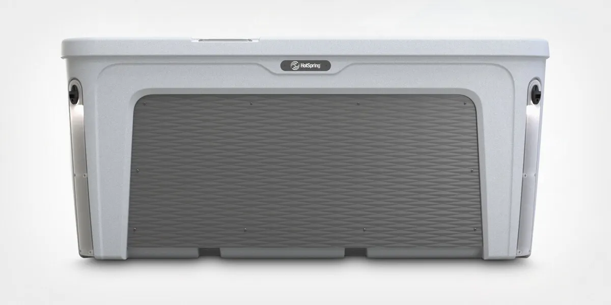 Whirlpool HotSpring FreeFlow Aptos in modernem Design mit grauer Seitenverkleidung und stilvollem Logo.