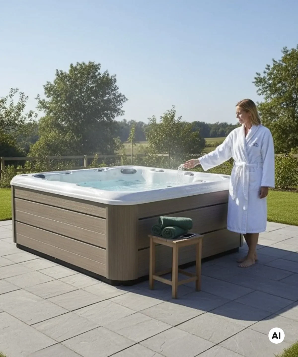 Der spaPRO LAXspa® Wave Whirlpool mit heller Verkleidung in einer hellen Garten-Umgebung.