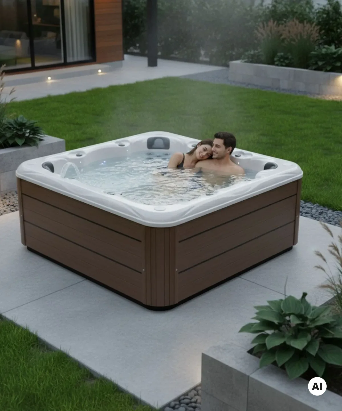 Paar entspannt in einem Whirlpool im modernen Garten mit grünem Rasen