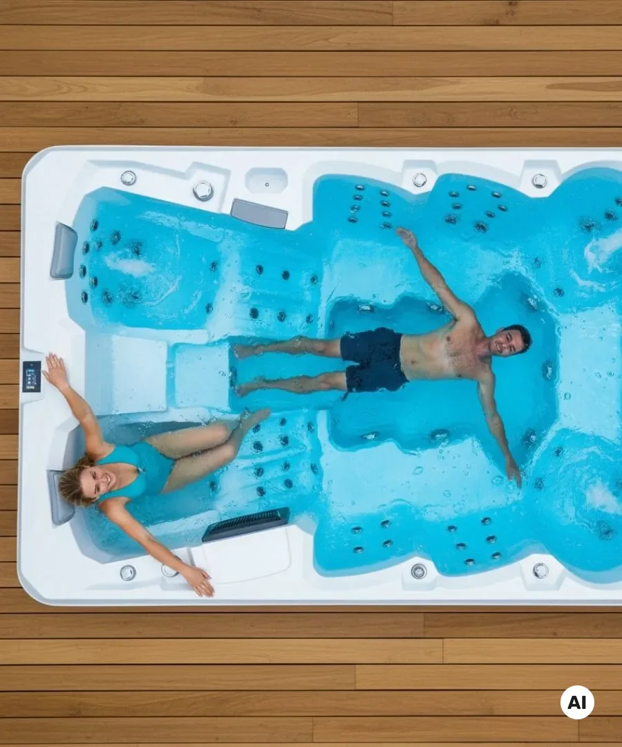 Zwei Personen entspannen in einem blauen Whirlpool auf Holzterrasse