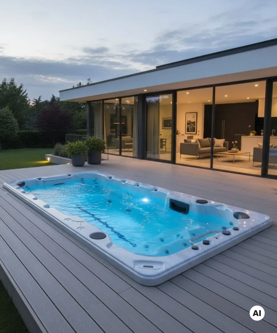 Blauer Whirlpool auf einer Holzterrasse neben einem modernen Glashaus