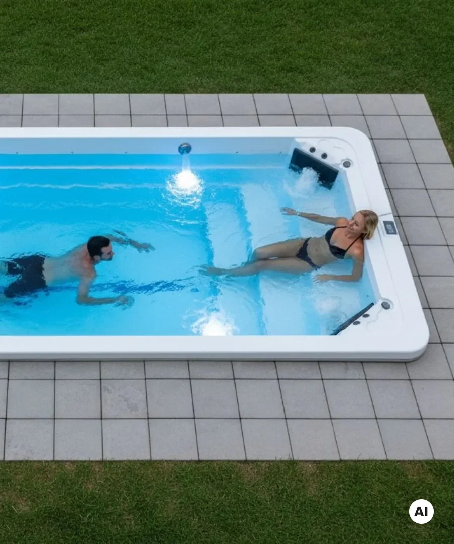 Zwei Personen entspannen im Whirlpool mit Wasserfontäne auf Poolumrandung