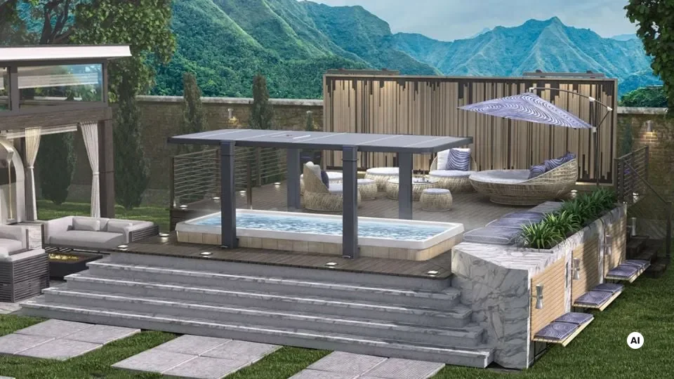 Moderner Außenbereich mit Whirlpool, Terrasse und Bergen im Hintergrund