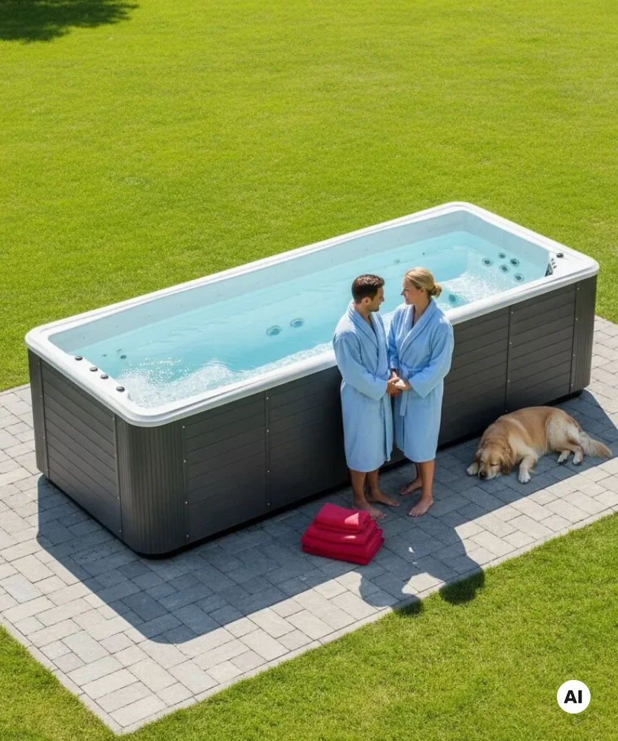 Ein glücklicher Paar steht vor dem spaPRO LAXspa® Swim Spa im Garten, ein Hund liegt nebenan.