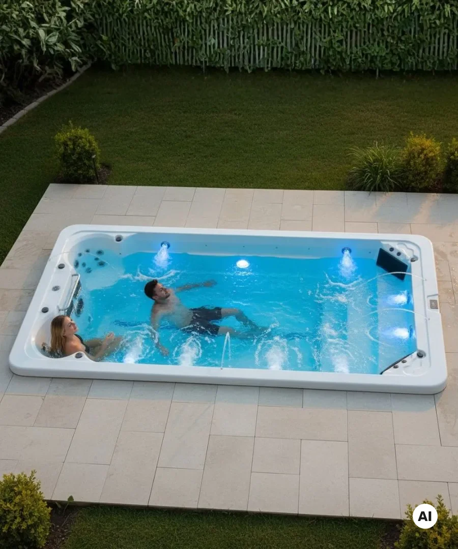 Menschen entspannen im spaPRO LAXspa® Swim Spa mit sprudelndem Wasser im Außenbereich.
