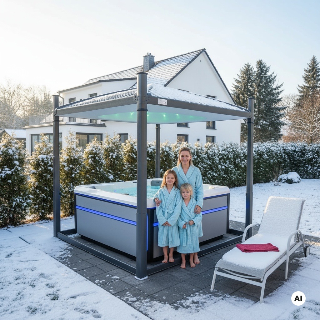 Familie in blauen Bademänteln im Whirlpool bei Schnee im Garten