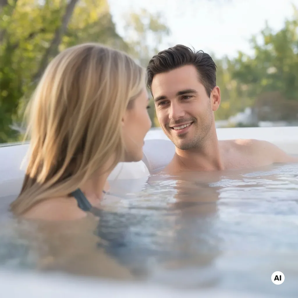 Entspannte Atmosphäre in einem HotSpring Whirlpool mit einem Paar, das sich lächelnd ansieht.