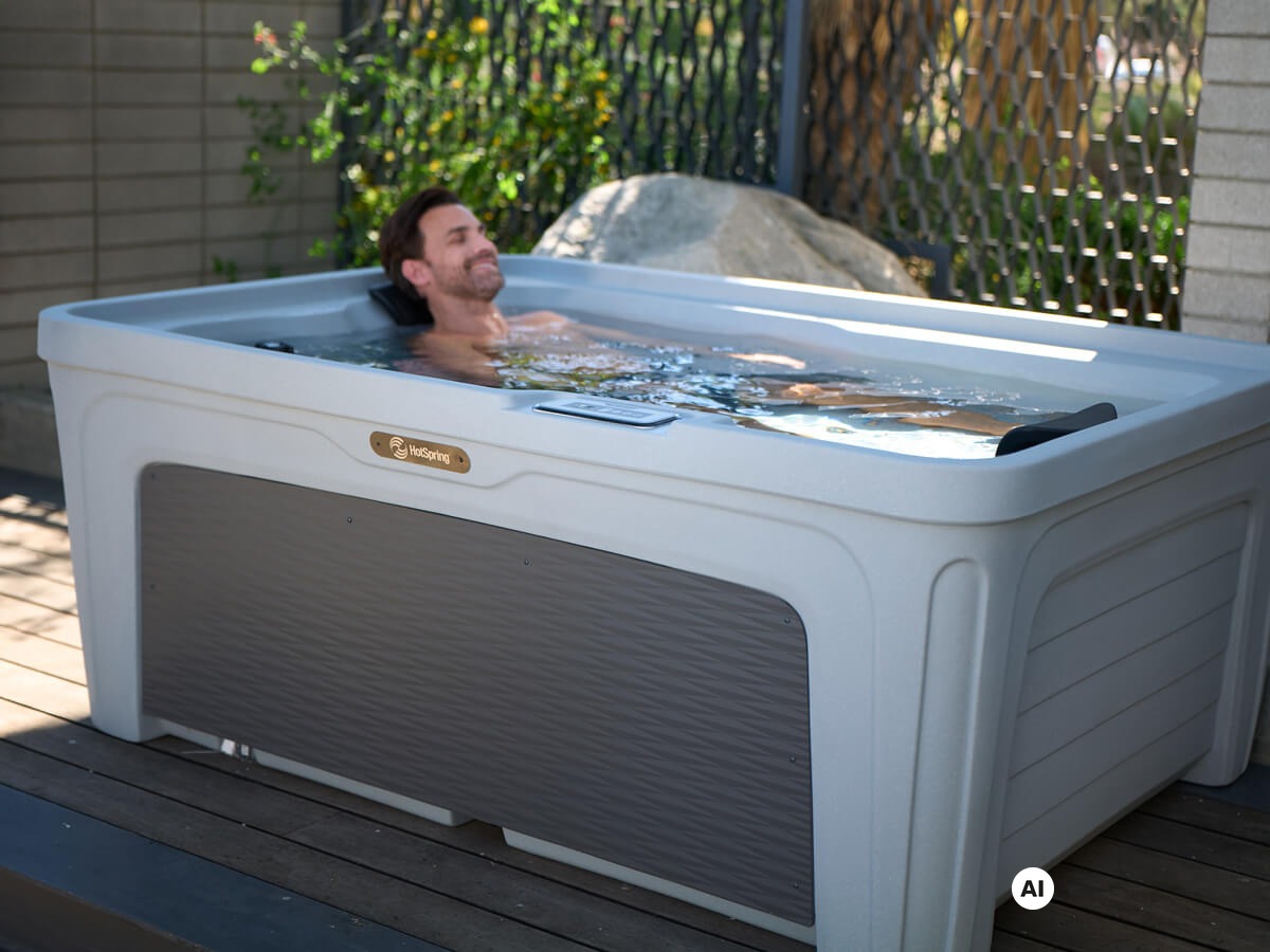 Whirlpool HotSpring FreeFlow Mini mit entspannendem Wasser und einem Mann, der die Ruhe genießt.
