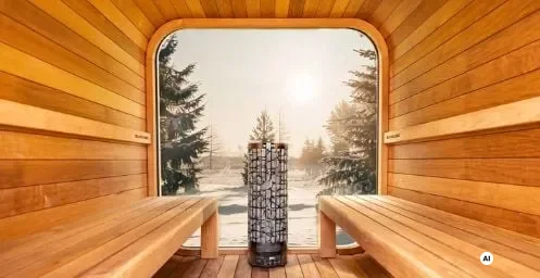 Blick aus einer Holz-Sauna durch die Panoramawand auf eine verschneite Landschaft