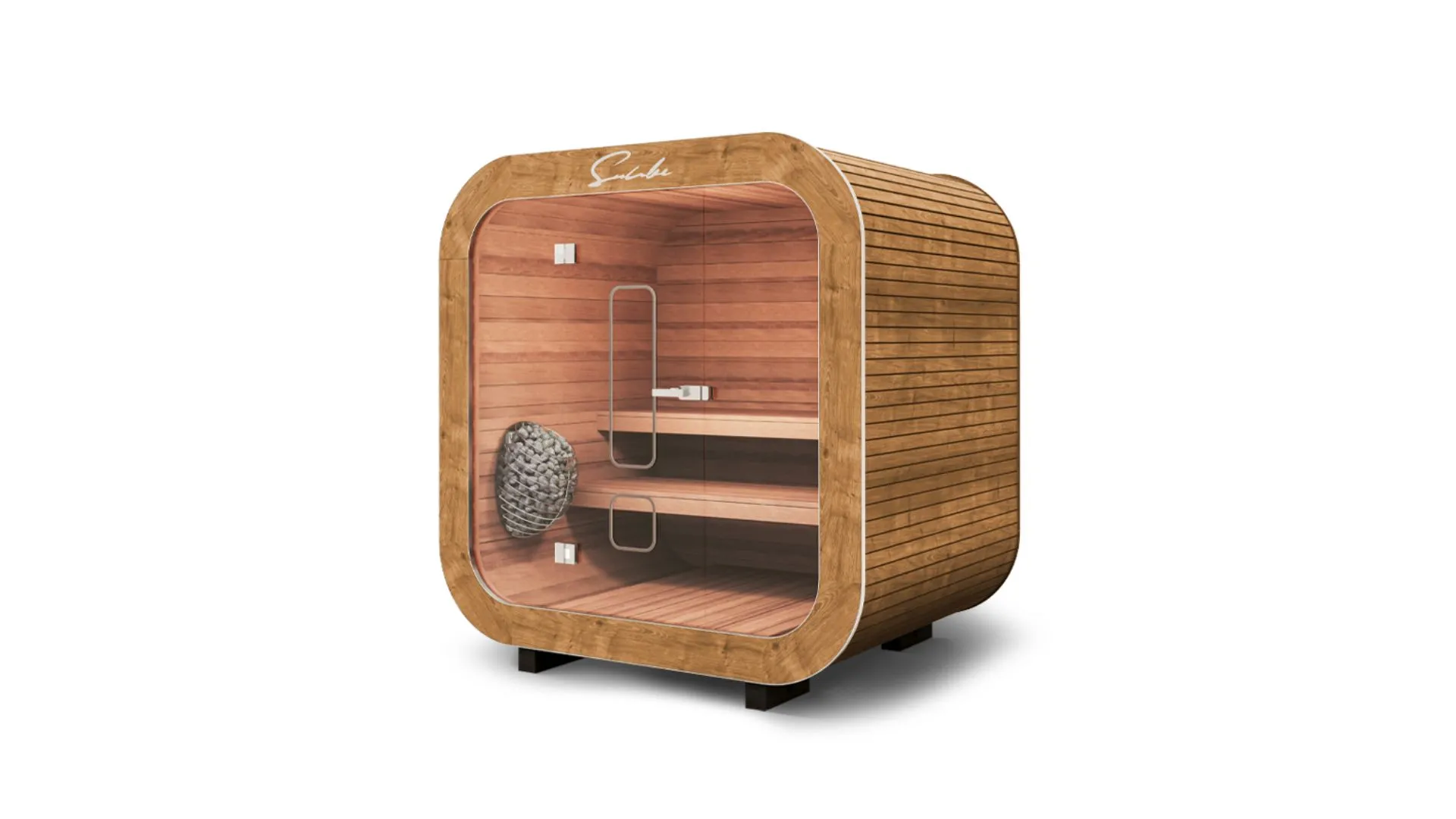 Suncube Sauna S mit Holzinnenraum und Saunaofen