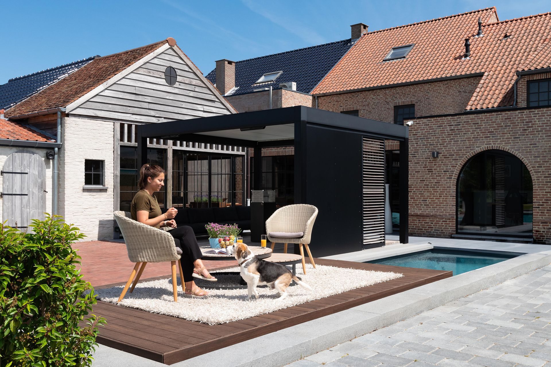 Hund auf einer geschlossenen WaluDeck Terrasse unter einer Pergola am Pool