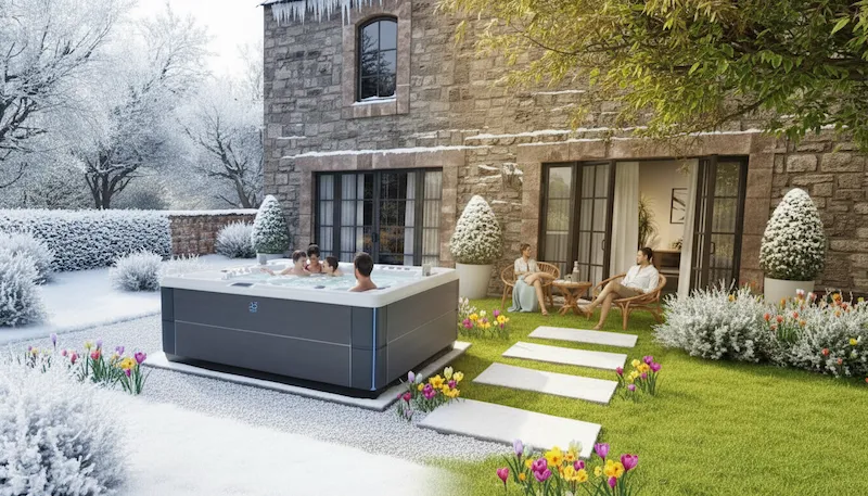 Weißer HotSpring® Whirlpool von spaPRO im verschneiten Garten für Winter-Wellness.