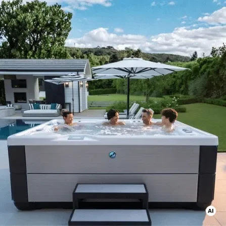 Vier Personen entspannen im modernen spaPRO Outdoor-Whirlpool auf einer Terrasse im hellen Garten.