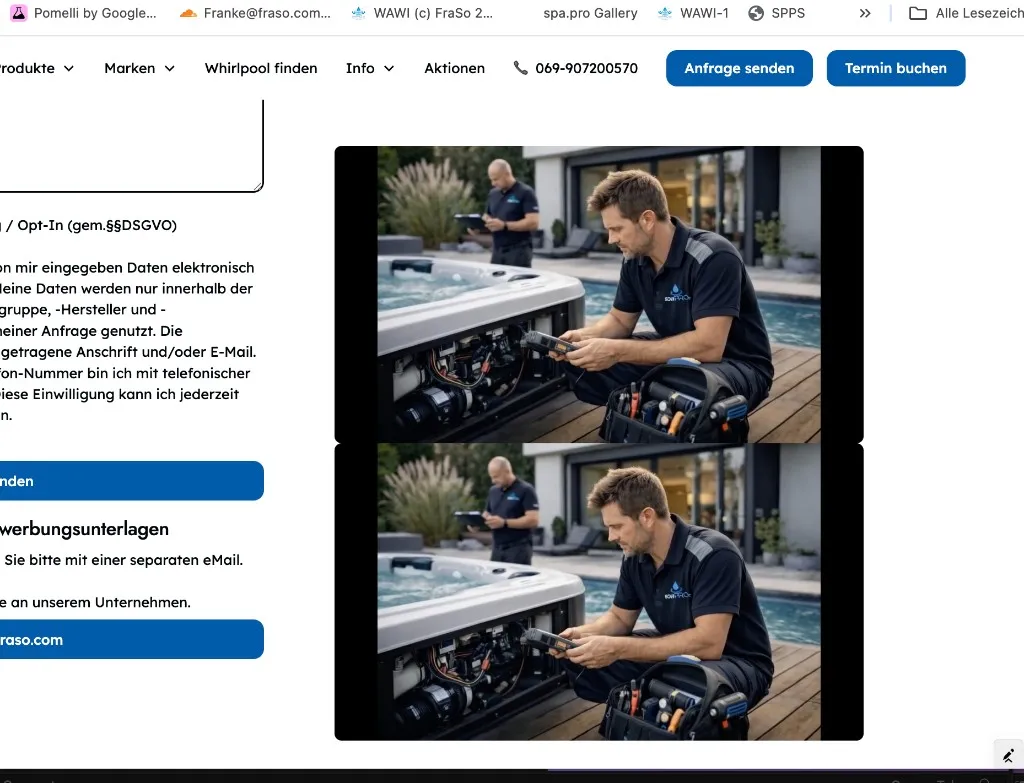 Techniker überprüft die Technik eines Whirlpools im Außenbereich, Werkzeuge sind sichtbar.