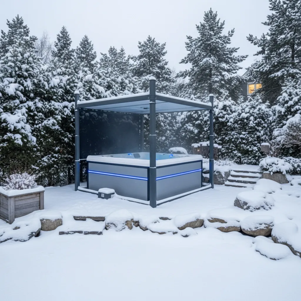 Whirlpool im verschneiten Garten mit Kiefern und Steinumrandung