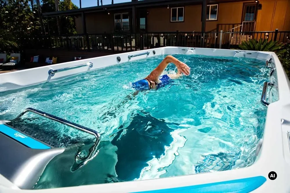 Schwimmer krault gegen den turbulenzfreien Gegenstrom in einem Endless Pools E550 SwimSpa