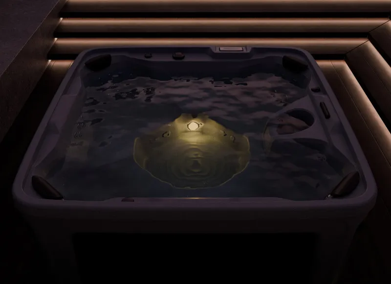 Whirlpool HotSpring Monterey mit sanfter Innenbeleuchtung und ruhigem Wasser, ideal für entspannende Nächte.