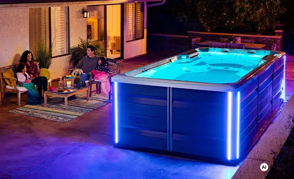 Endless Pools X500 SwimSpa mit LED-Beleuchtung am Abend auf einer Terrasse